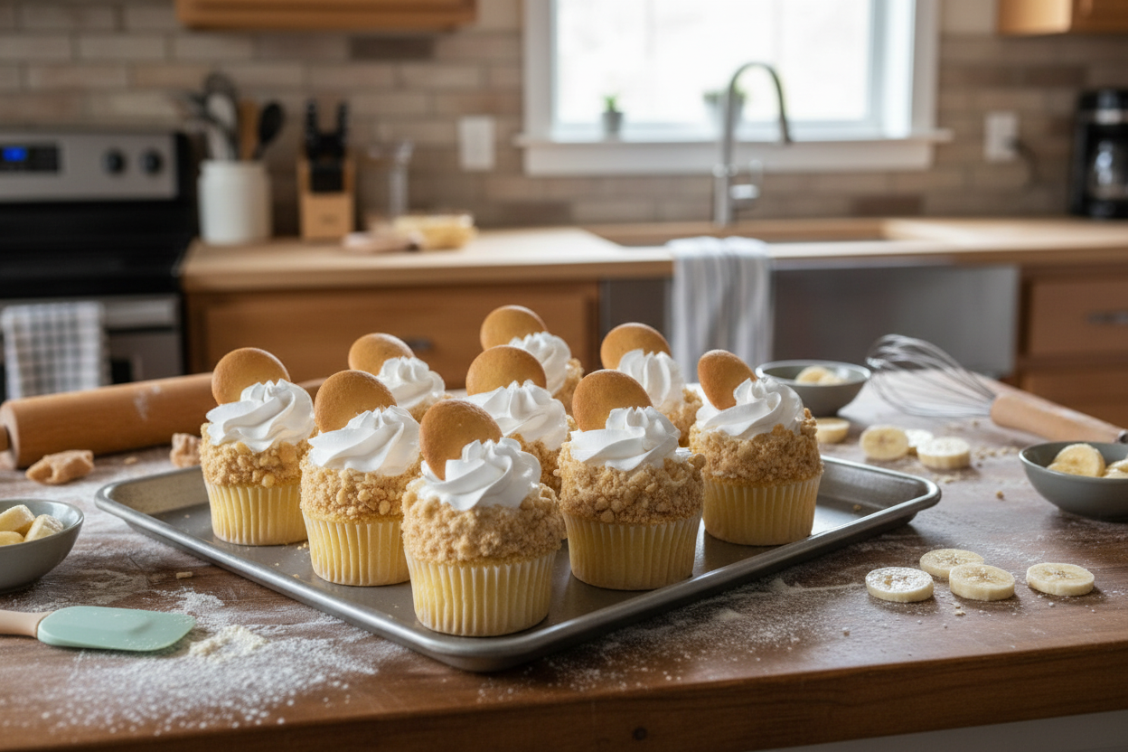 Banana pudding cupcakes with whipped cream and Nilla wafer in a baking setting