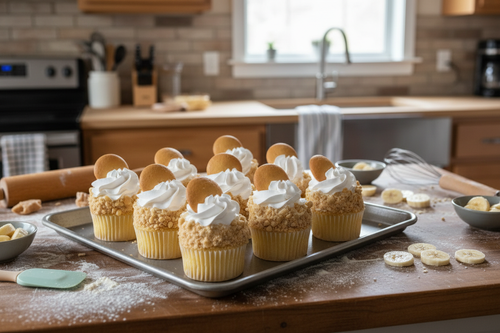 Banana pudding cupcakes with whipped cream and Nilla wafer in a baking setting
